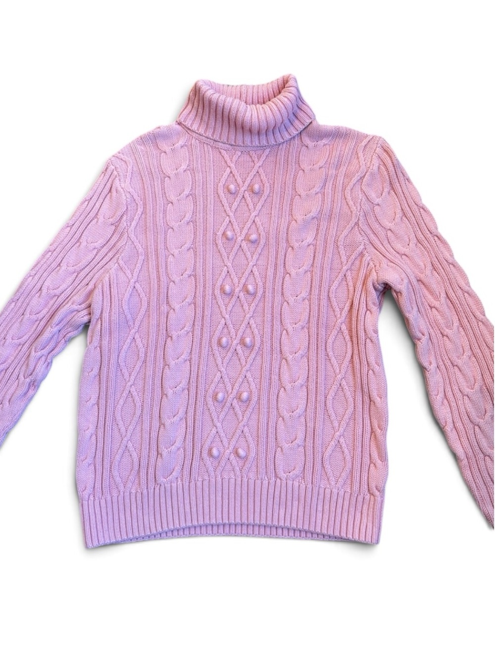 Vintage Jeanne Pierre Cable Knit Bobble Turtleneck Sweater Women’s M Pink READ
